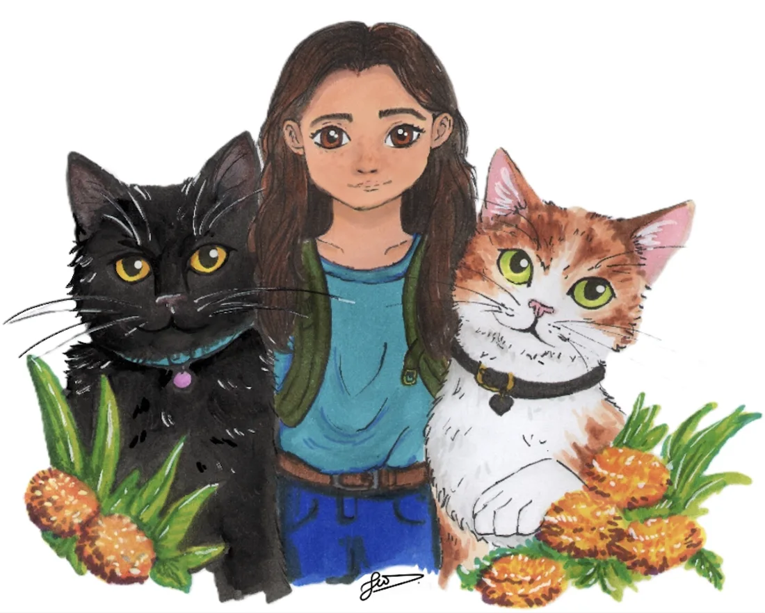 Illustration de Clara entourée de Kiwi, la chatte noire, et de Coconut, le chat roux et blanc